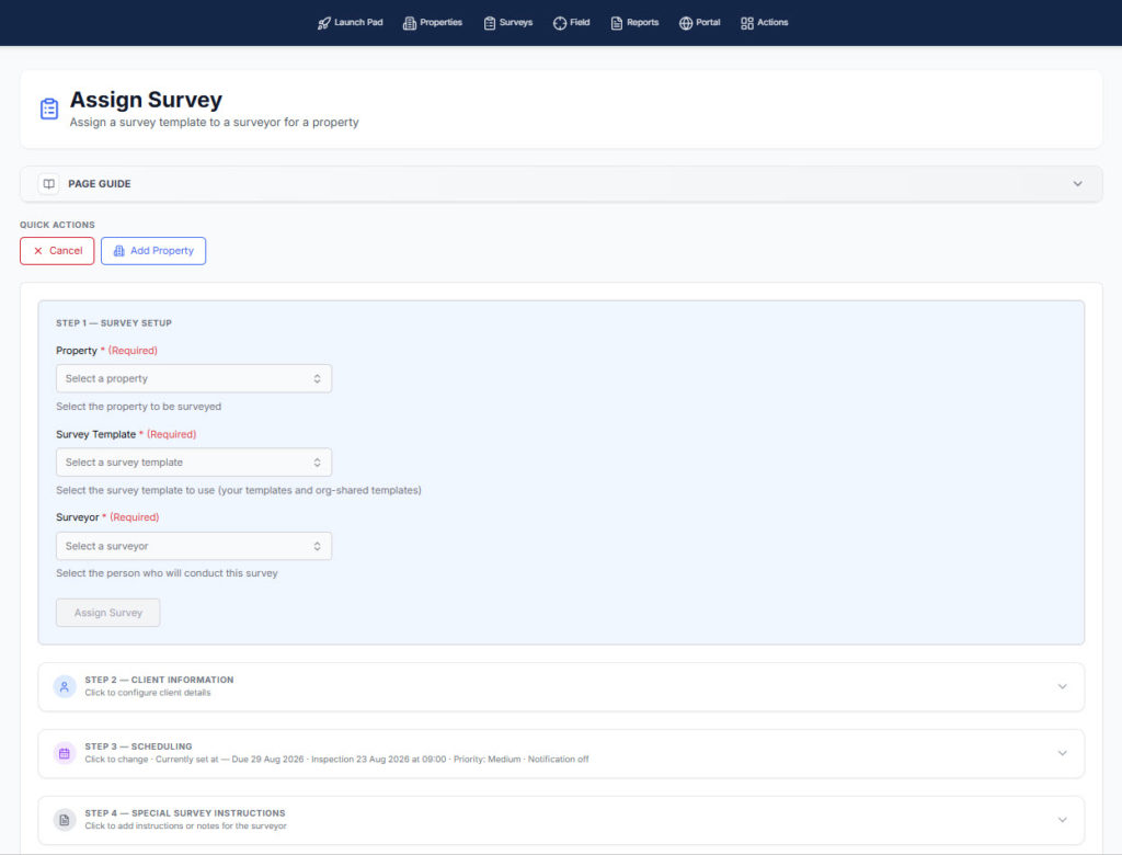 BrightChecker Assign Survey screen for allocating property inspection jobs to surveyors