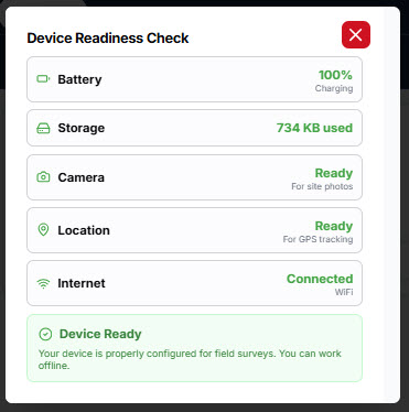 BrightChecker Device Readiness Check showing battery, memory and GPS status
