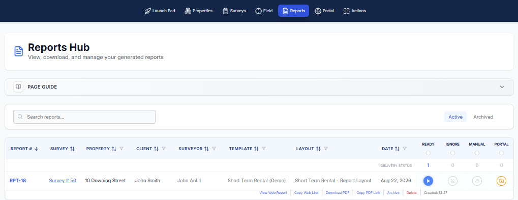 A Screenshot of the Brightchecker Reports Hub. This is where you can see your interactive web reports, web report links, download your PDF reports and copy your PDF report links.