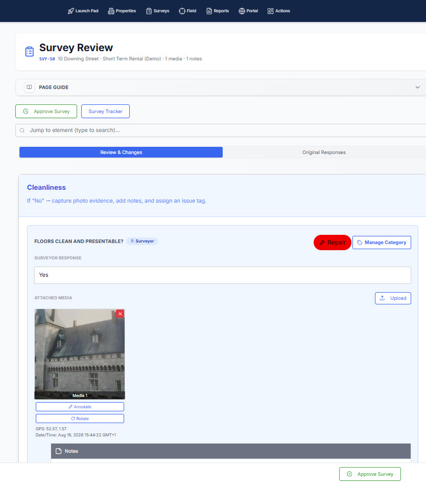 Brightchecker Survey Review Screen, change survey responses, categories, media, annotate photos, rotate images, and approve.