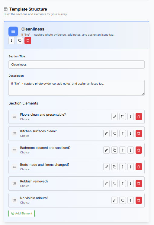 Brightchecker - Template builder screen shot. Whilst Brightchecker does provide prebuilt survey templates, you can also build your own with the survey template builder